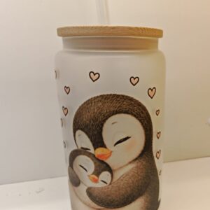 Trinkglas mit Bambusdeckel – Pinguin-Motiv
